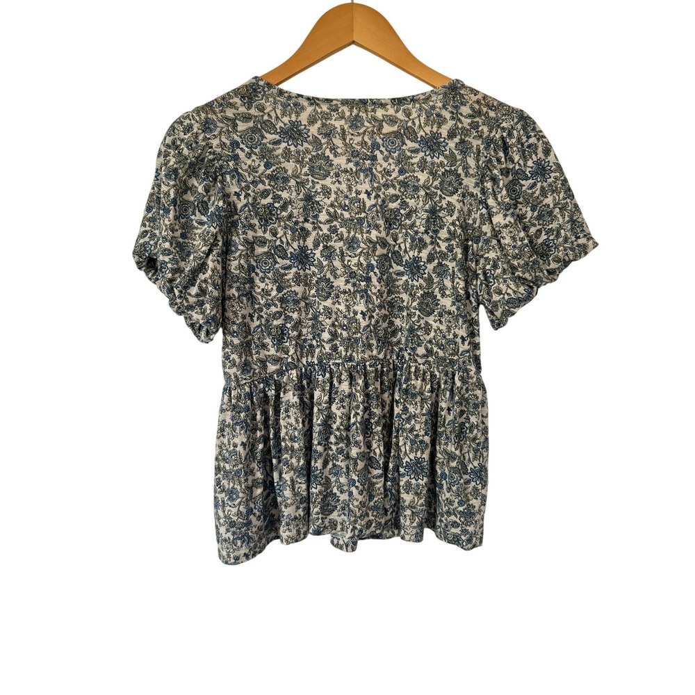 Lucky Brand Blue Floral Smocked Peplum Blouse M Cotton Modal Linen 2025 Cottage - Picture 2 of 13